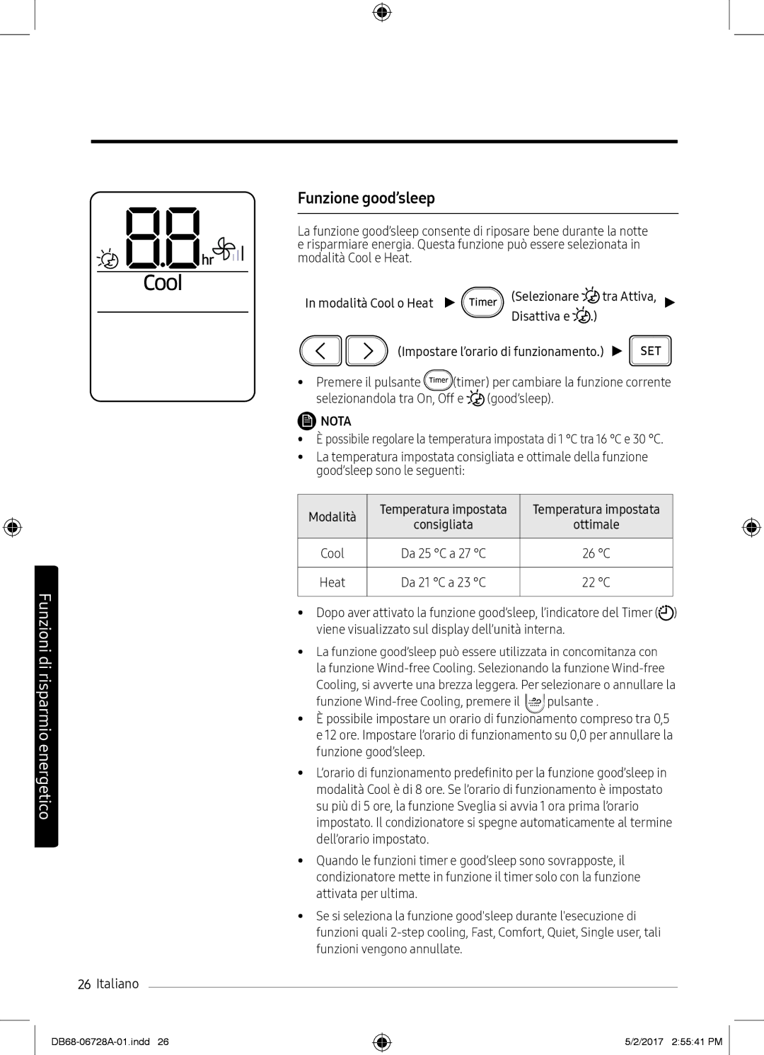 Samsung AR12MSPXASIXEU, AR12MSPXASINEU, AR09MSPXASINEU, AR12MSPXBWKXEU, AR09MSPXBWKXEU manual Funzione good’sleep, Ottimale 