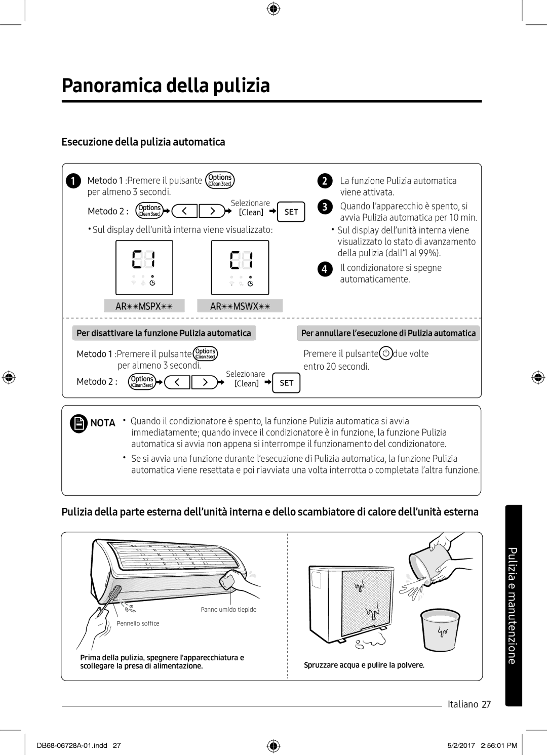 Samsung AR09MSPXAWKXEU, AR12MSPXASINEU, AR09MSPXASINEU, AR12MSPXBWKXEU manual Panoramica della pulizia, Armspx Armswx 