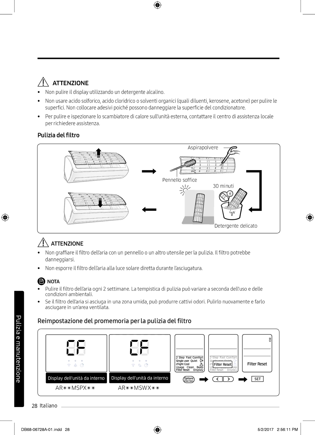 Samsung AR12MSWXBWKXEU, AR12MSPXASINEU, AR09MSPXASINEU Reimpostazione del promemoria per la pulizia del filtro, Attenzione 