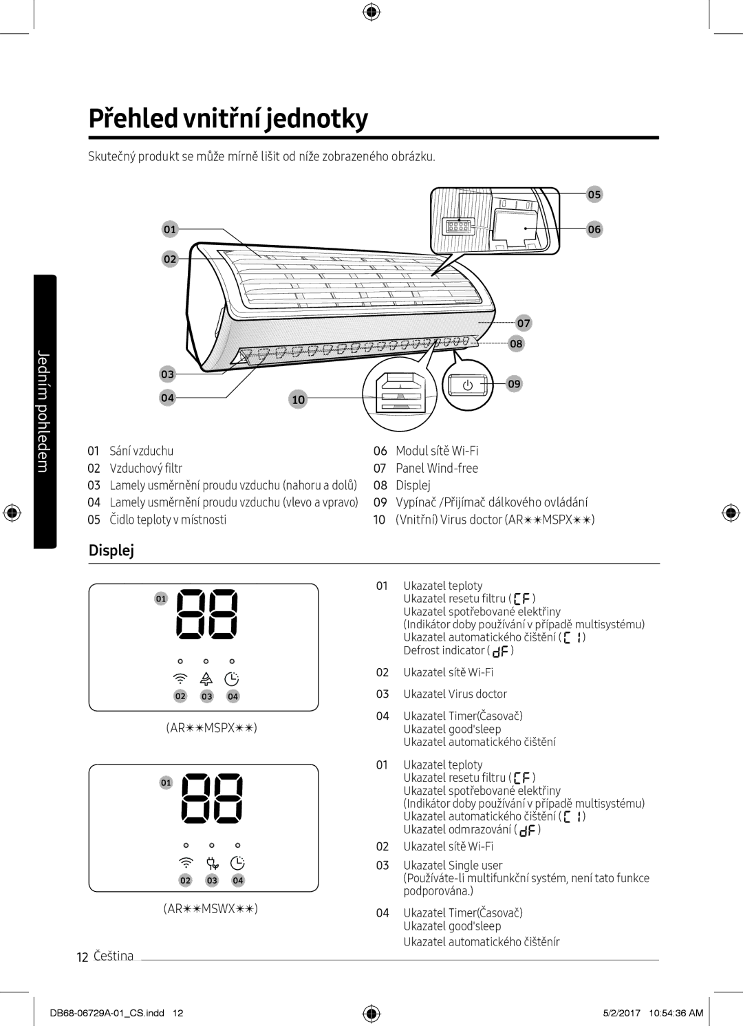 Samsung AR07MSWXBWKNEU, AR12MSPXASINEU, AR09MSPXASINEU manual Přehled vnitřní jednotky, Displej, Čidlo teploty v místnosti 