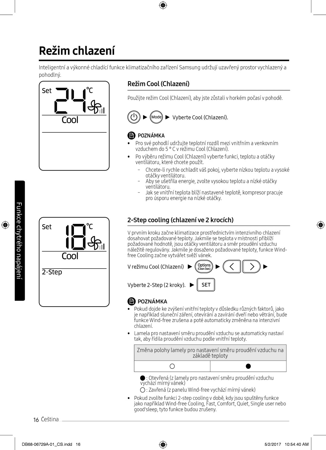 Samsung AR12MSPXAWKXEU, AR12MSPXASINEU manual Režim chlazení, Režim Cool Chlazení, Režimu Cool Chlazení Vyberte 2- kroky 