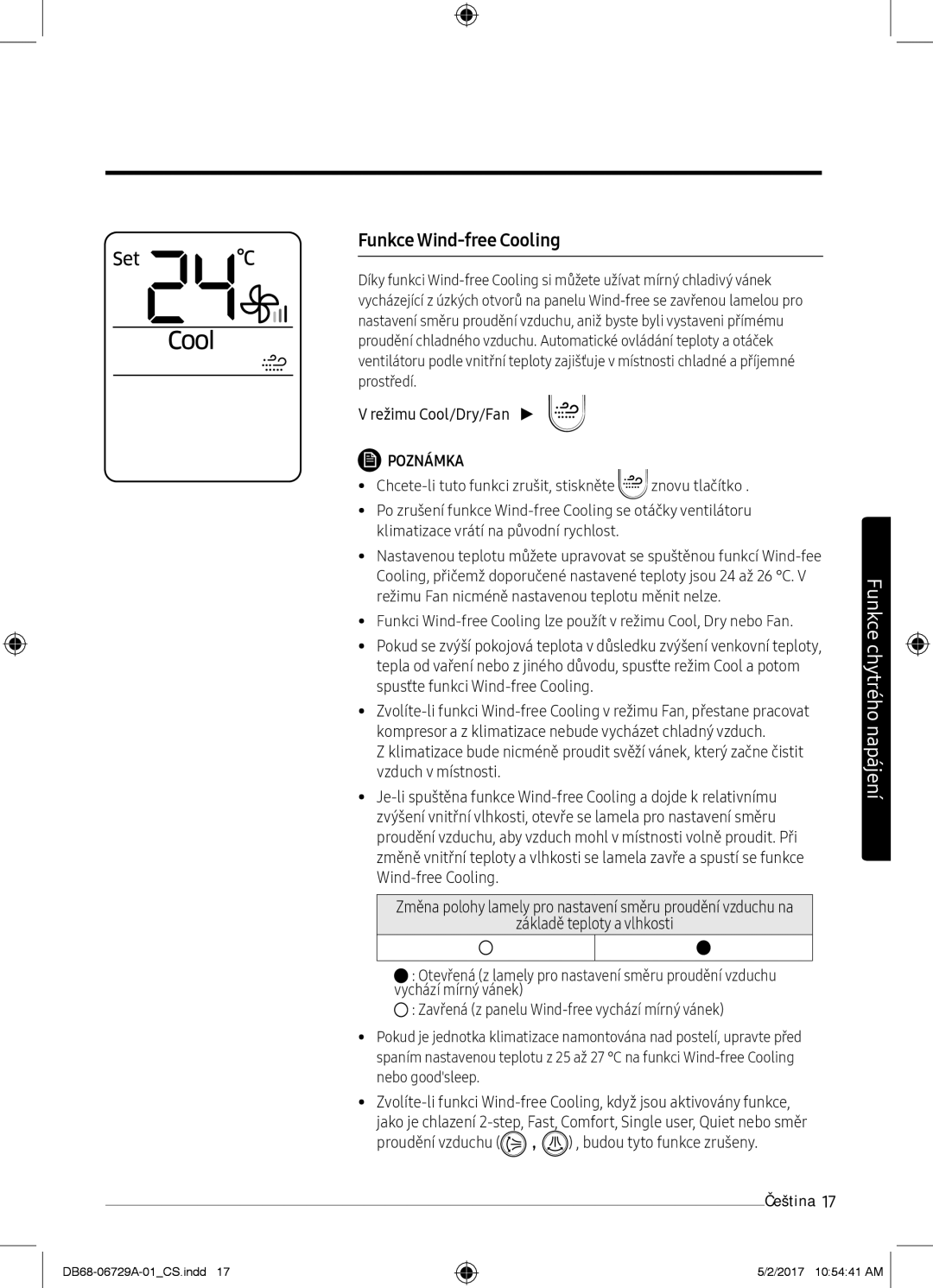 Samsung AR09MSWXBWKXEU, AR12MSPXASINEU, AR09MSPXASINEU, AR12MSPXBWKXEU manual Funkce Wind-free Cooling, Režimu Cool/Dry/Fan 