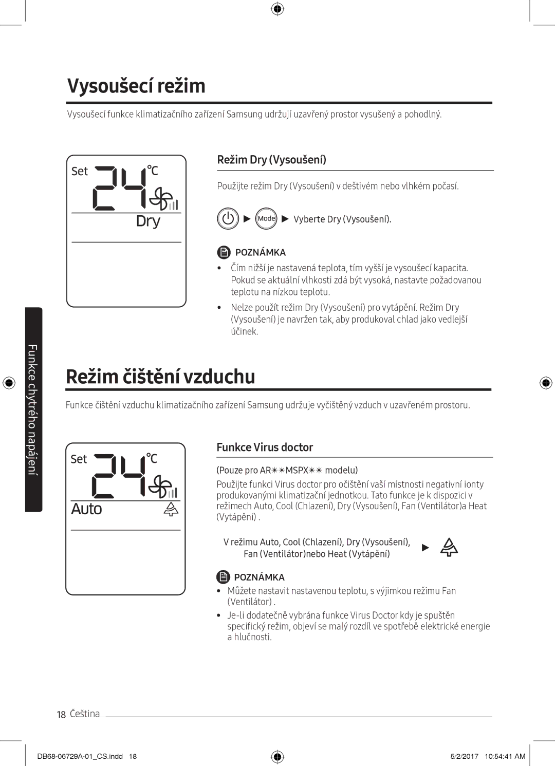 Samsung AR12MSPXASINEU, AR09MSPXASINEU Vysoušecí režim, Režim čištění vzduchu, Režim Dry Vysoušení, Funkce Virus doctor 
