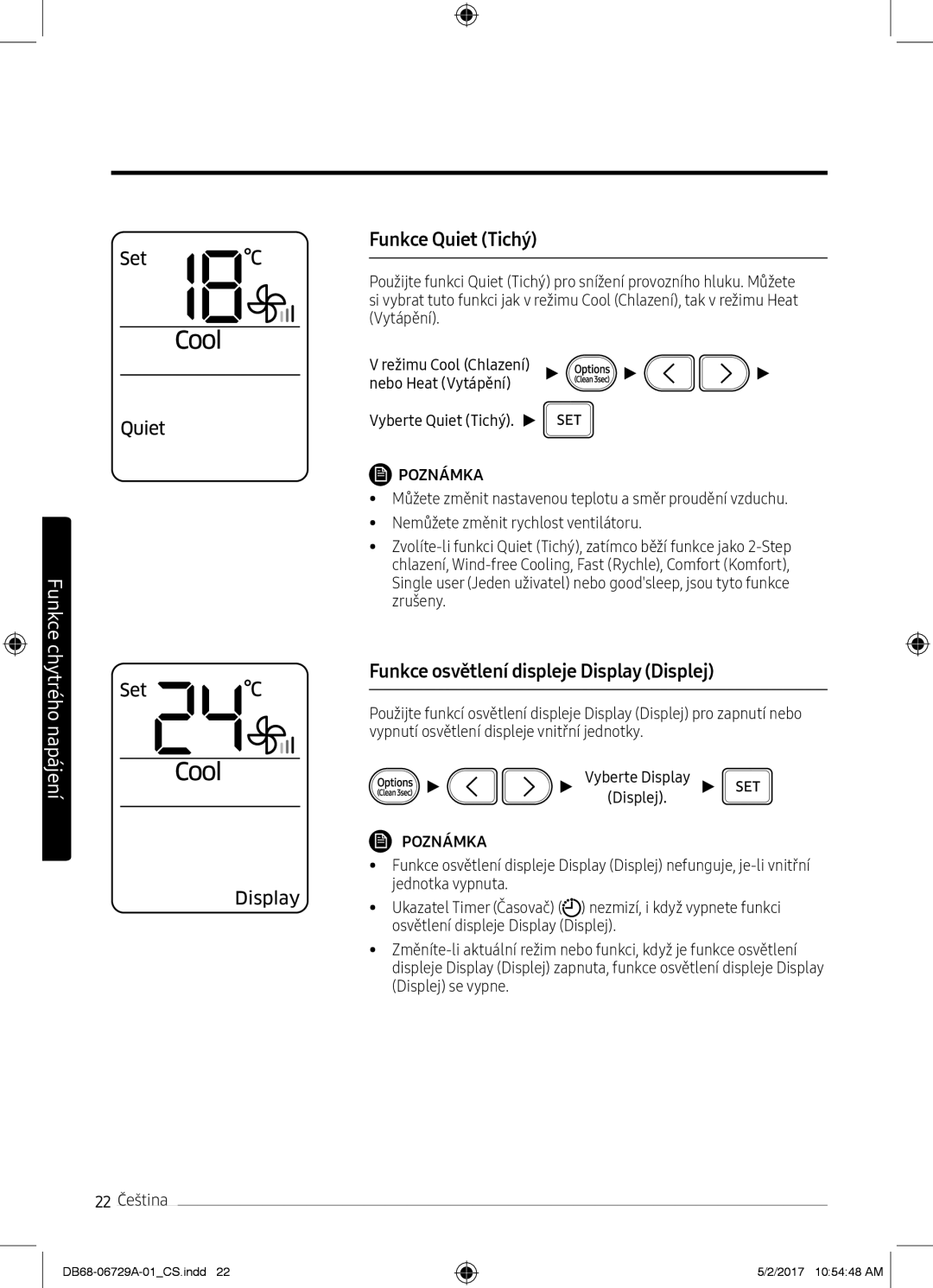 Samsung AR12MSPXBWKNEU, AR12MSPXASINEU, AR09MSPXASINEU manual Funkce Quiet Tichý, Funkce osvětlení displeje Display Displej 