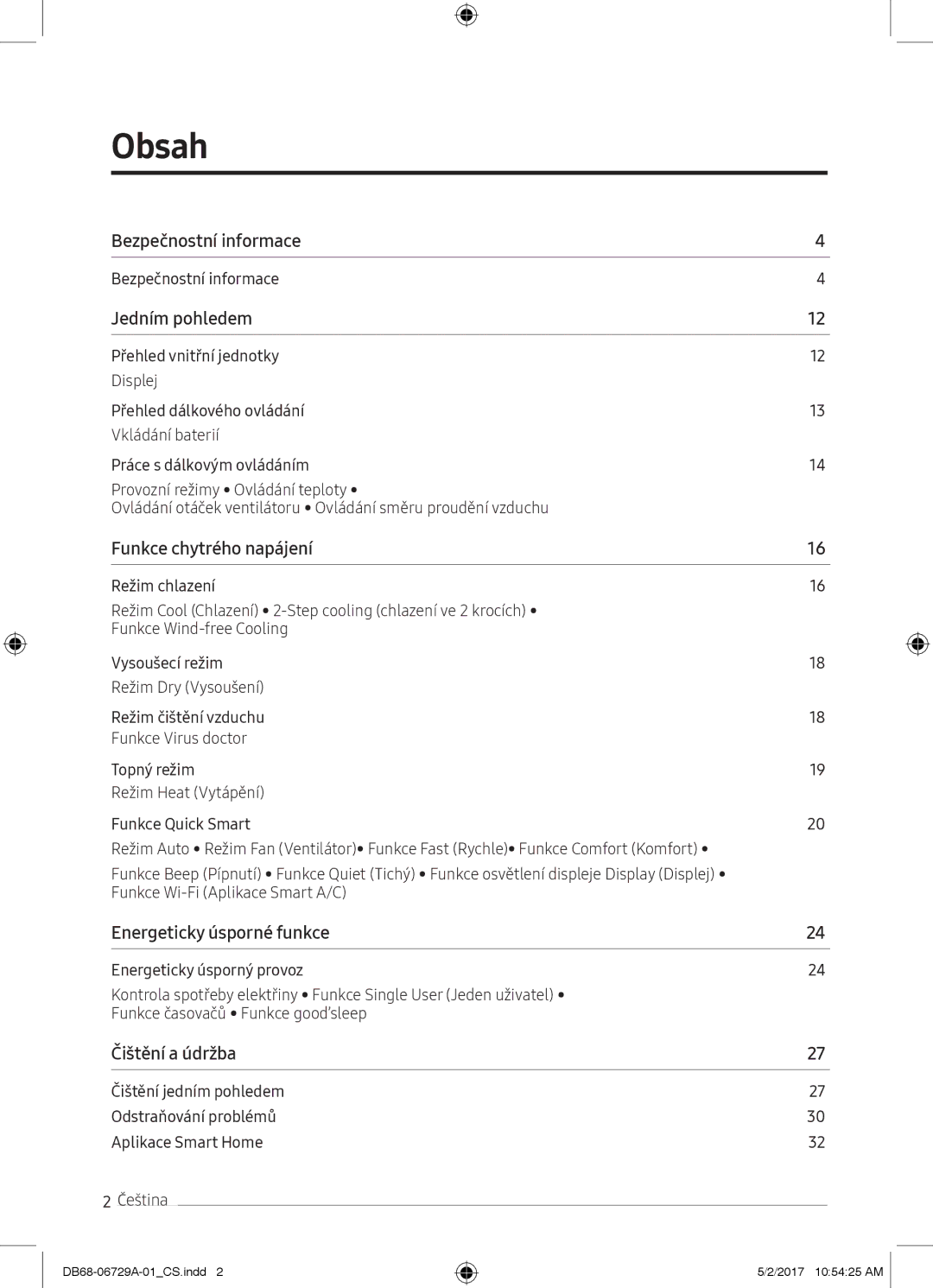 Samsung AR09MSPXBWKXEU, AR12MSPXASINEU, AR09MSPXASINEU, AR12MSPXBWKXEU, AR12MSPXBWKNEU manual Obsah, Bezpečnostní informace 