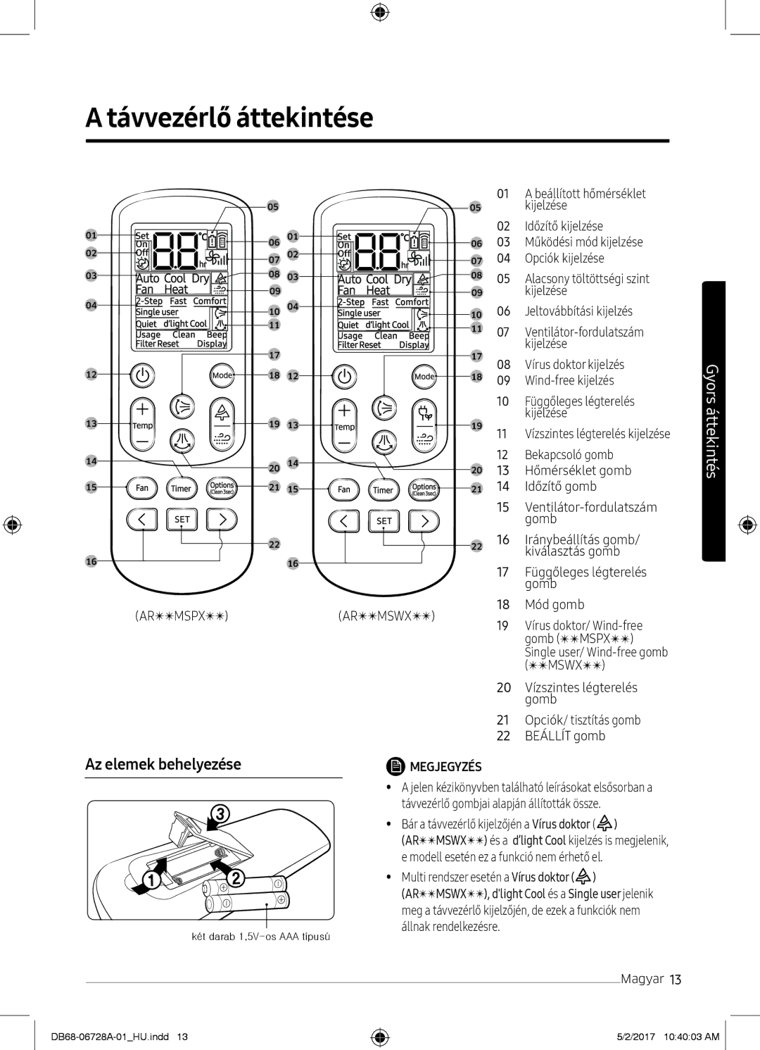 Samsung AR09MSPXASIXEU, AR12MSPXASINEU, AR09MSPXASINEU, AR12MSPXBWKXEU manual Távvezérlő áttekintése, Az elemek behelyezése 