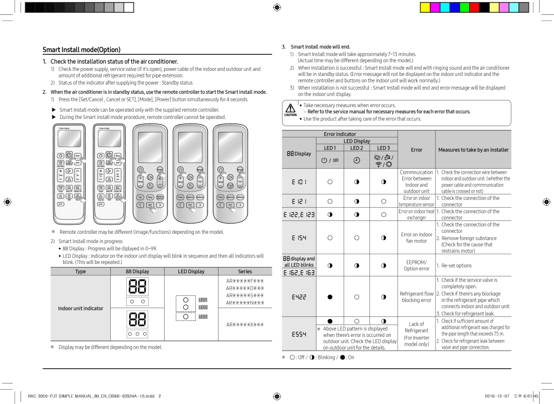Samsung AR12MSPXBWKXEU manual Smart Install modeOption, LED Display, Smart Install mode will end, Error indicator 