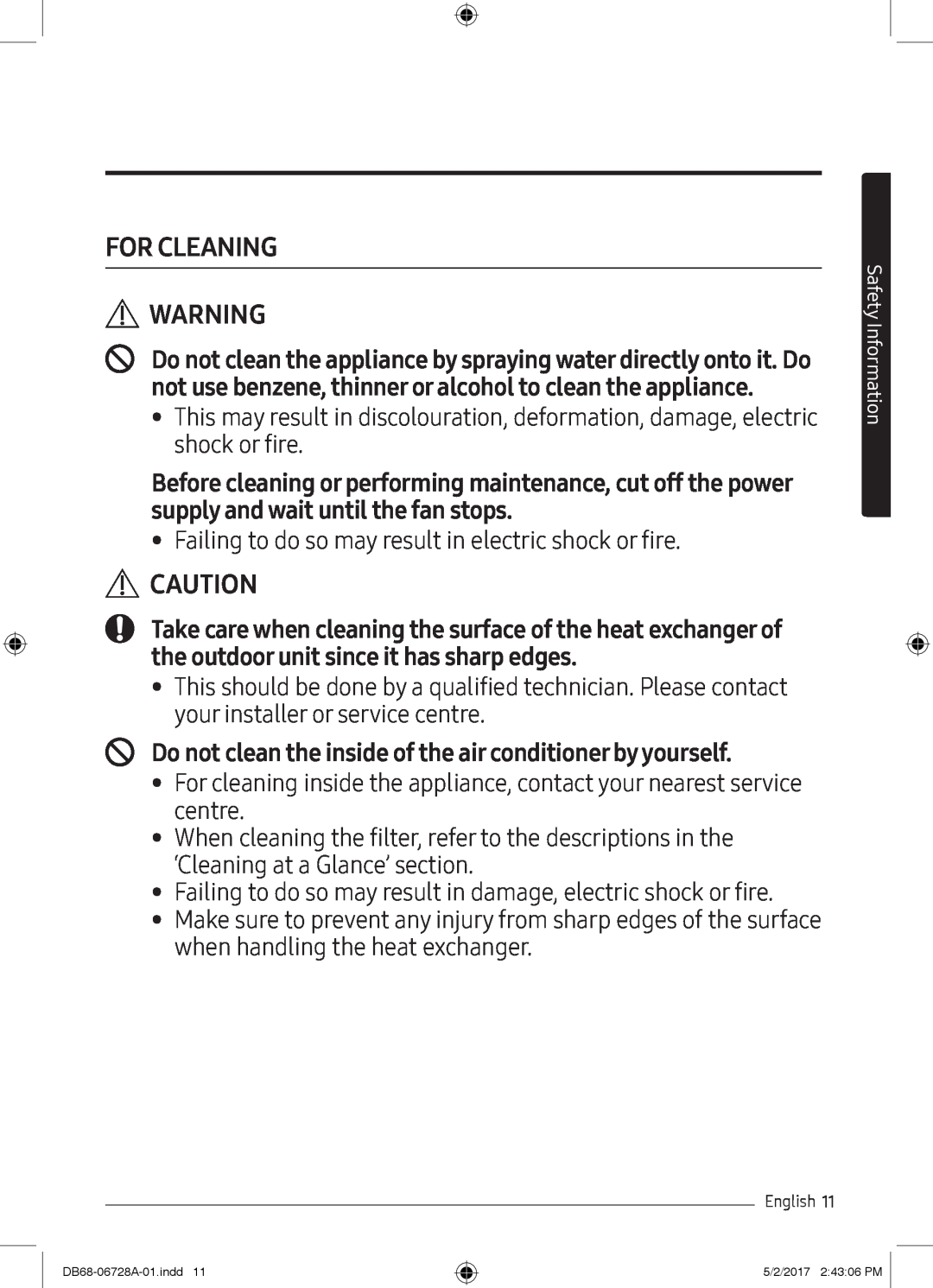 Samsung AR09MSPXAWKNEU, AR12MSPXASINEU manual For Cleaning, Do not clean the inside of the air conditioner by yourself 