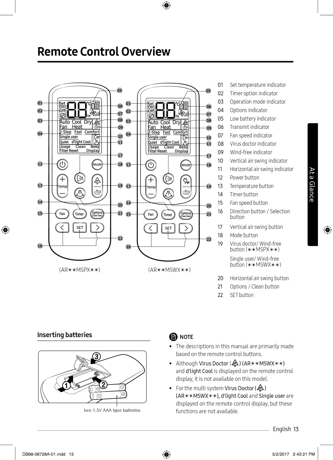 Samsung AR09MSPXASIXEU, AR12MSPXASINEU, AR09MSPXASINEU manual Remote Control Overview, Inserting batteries, At a, Glance 
