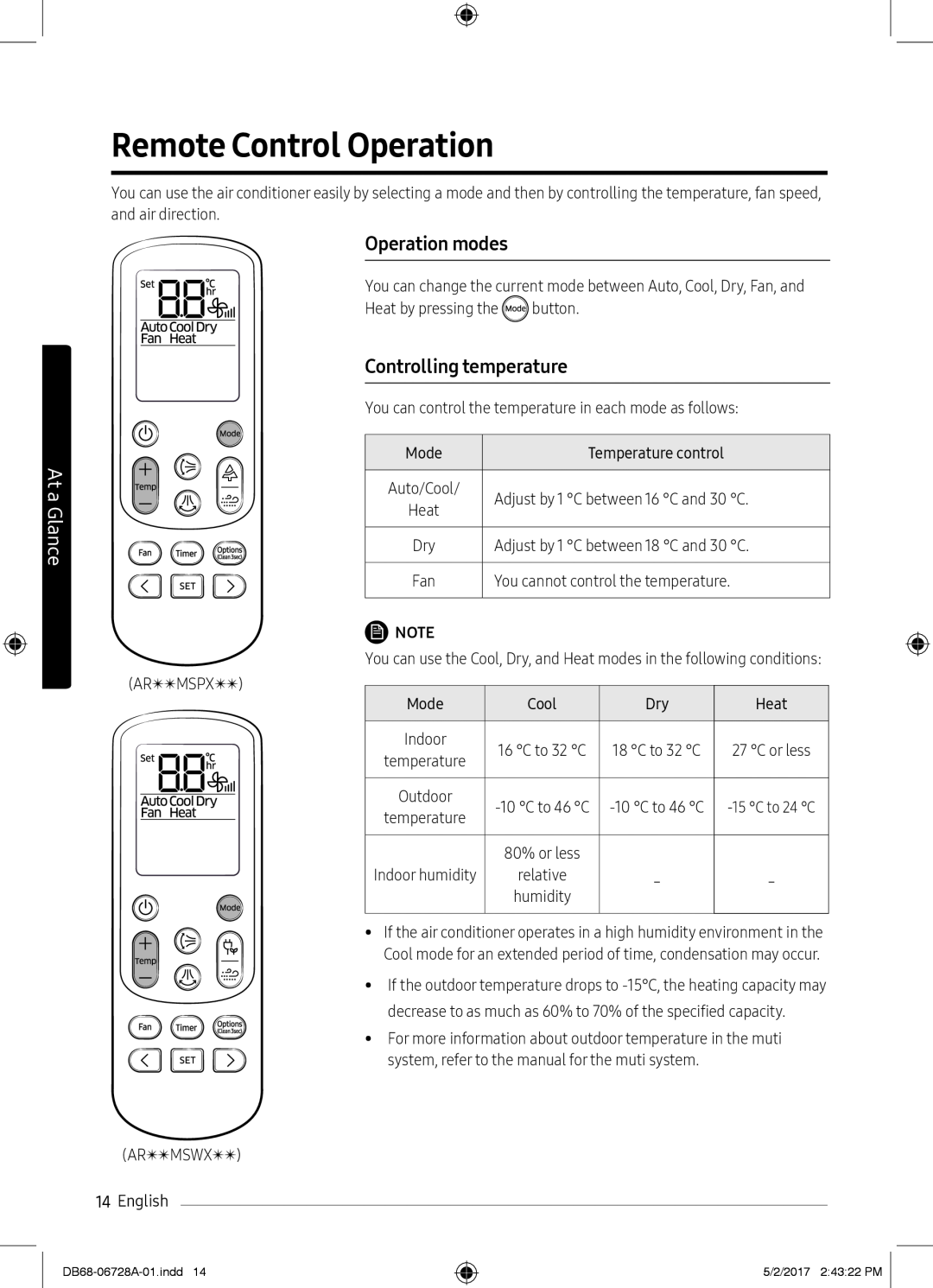 Samsung AR09MSWXBWKNEU, AR12MSPXASINEU Remote Control Operation, At a Glance, Operation modes, Controlling temperature 