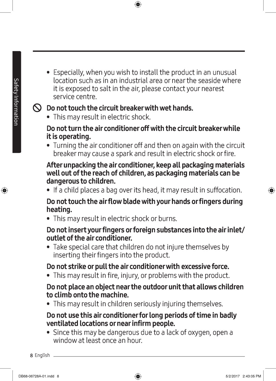 Samsung AR09MSPXAWKXEU, AR12MSPXASINEU, AR09MSPXASINEU, AR12MSPXBWKXEU manual Do not touch the circuit breakerwith wet hands 