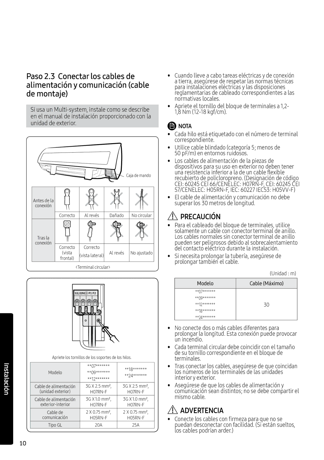 Samsung AR12MSPXBWKXEU, AR09MSPXBWKXEU, AR12MSPXBWKNEU, AR09MSPXBWKNEU, AR07MSPXBWKNEU manual Advertencia 