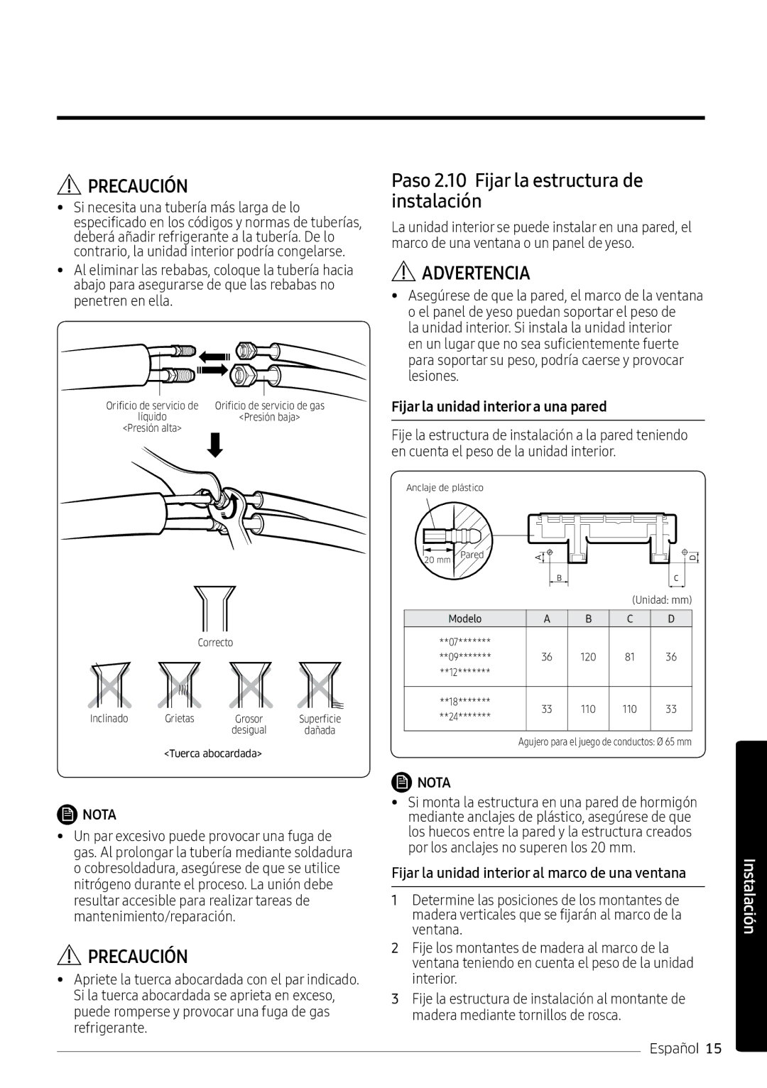 Samsung AR12MSPXBWKXEU, AR09MSPXBWKXEU Paso 2.10 Fijar la estructura de instalación, Fijar la unidad interior a una pared 