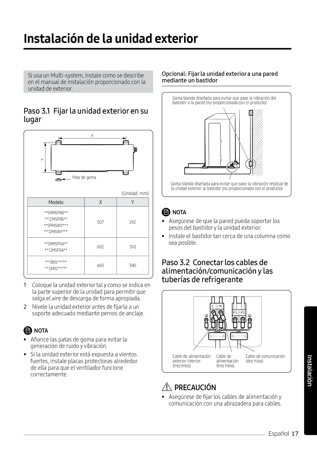 Samsung AR12MSPXBWKNEU Instalación de la unidad exterior, Paso 3.1 Fijar la unidad exterior en su lugar, Correctamente 