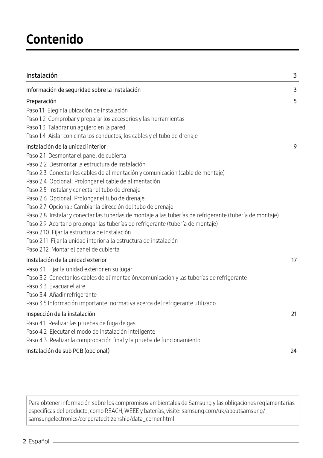 Samsung AR12MSPXBWKNEU, AR12MSPXBWKXEU, AR09MSPXBWKXEU, AR09MSPXBWKNEU, AR07MSPXBWKNEU manual Contenido, Instalación 