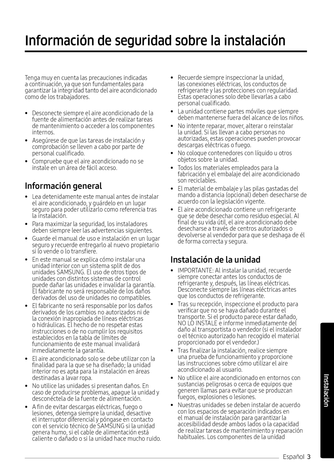 Samsung AR09MSPXBWKNEU, AR12MSPXBWKXEU, AR09MSPXBWKXEU, AR12MSPXBWKNEU manual Información de seguridad sobre la instalación 