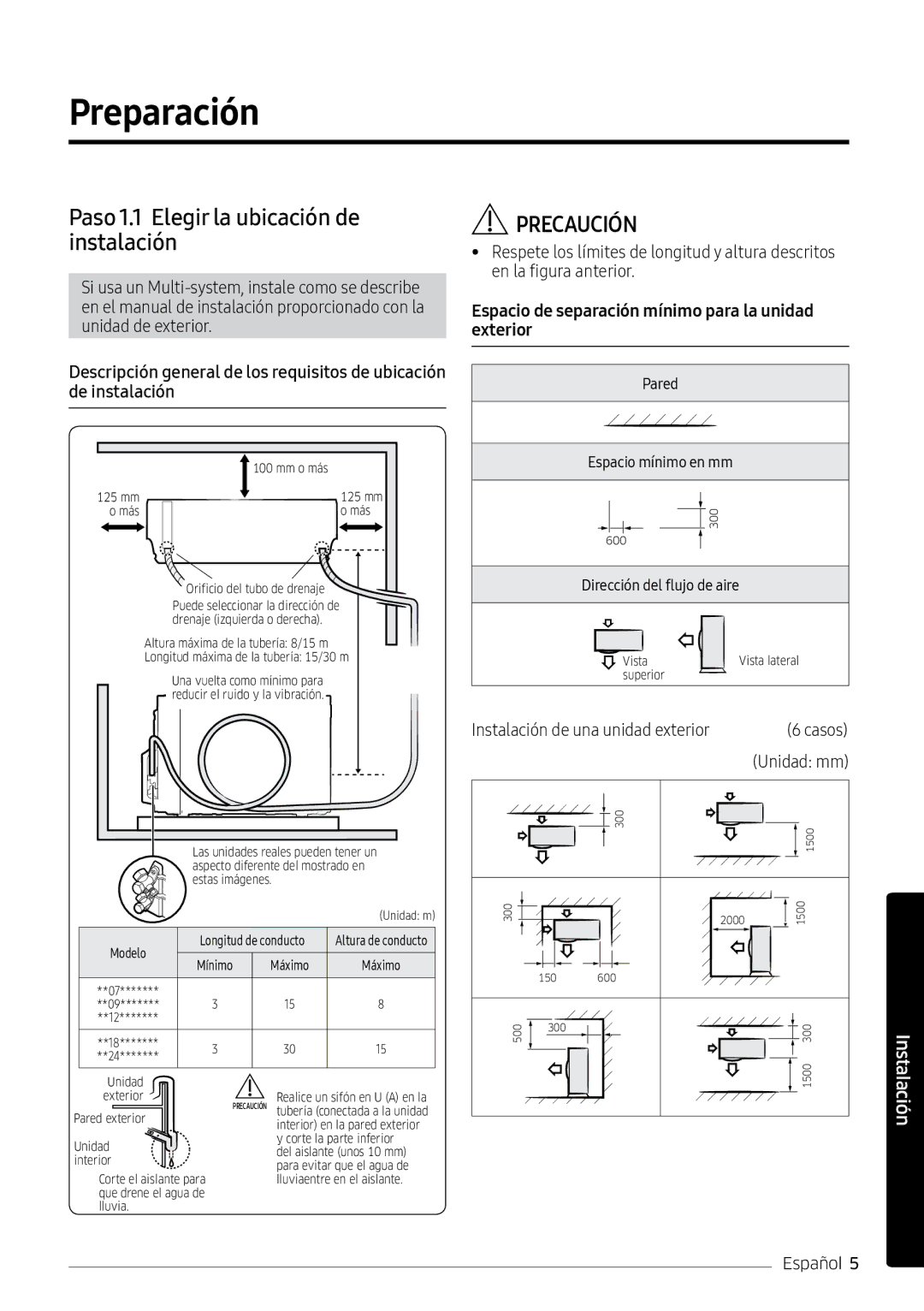 Samsung AR12MSPXBWKXEU manual Preparación, Paso 1.1 Elegir la ubicación de instalación, Instalación de una unidad exterior 