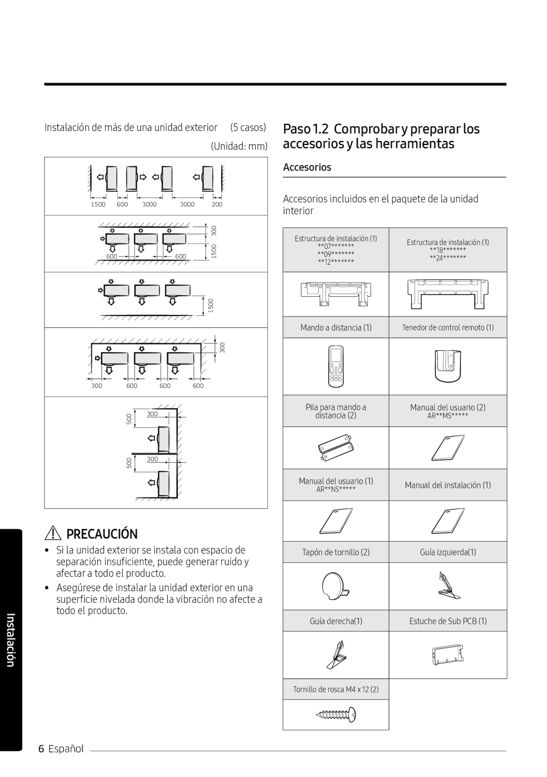 Samsung AR09MSPXBWKXEU, AR12MSPXBWKXEU, AR12MSPXBWKNEU manual Accesorios incluidos en el paquete de la unidad interior 