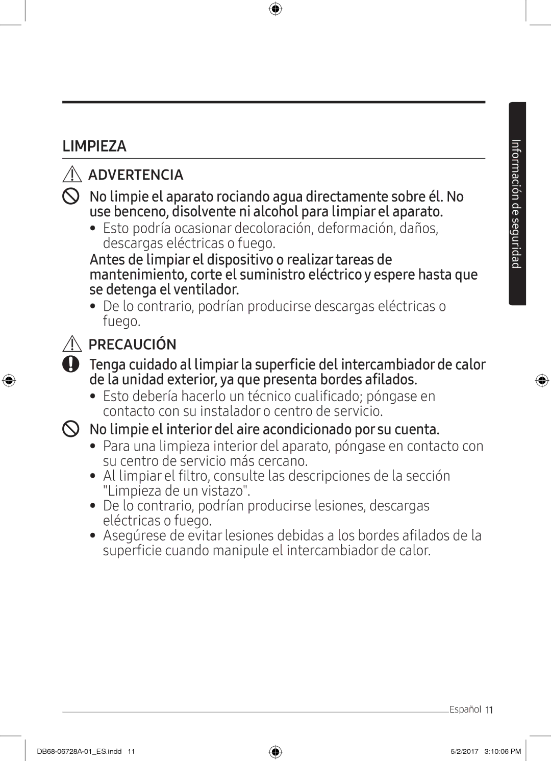 Samsung AR12MSPXBWKNEU, AR12MSPXBWKXEU, AR09MSPXBWKXEU, AR09MSPXBWKNEU, AR07MSPXBWKNEU manual Limpieza Advertencia 