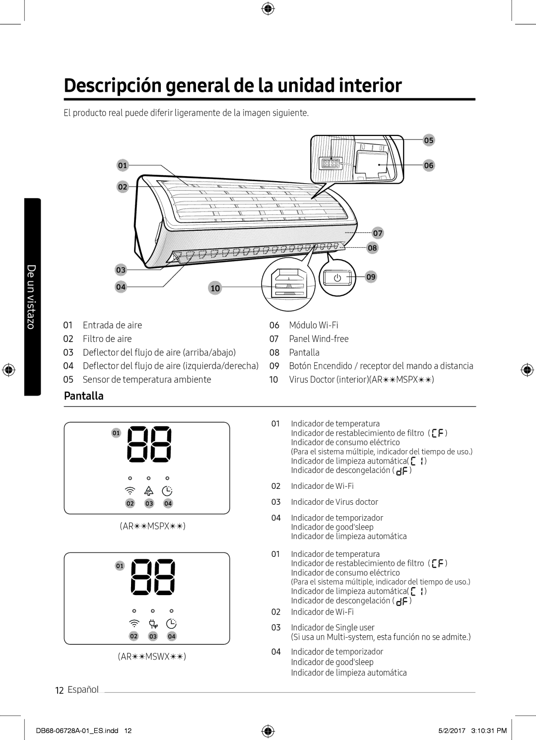 Samsung AR09MSPXBWKNEU, AR12MSPXBWKXEU, AR09MSPXBWKXEU, AR12MSPXBWKNEU Descripción general de la unidad interior, Pantalla 