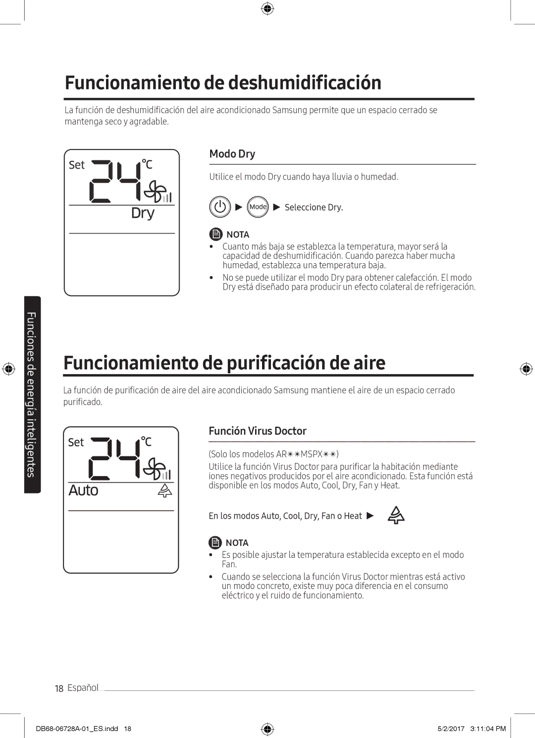 Samsung AR07MSPXBWKNEU manual Funcionamiento de deshumidificación, Funcionamiento de purificación de aire, Modo Dry 