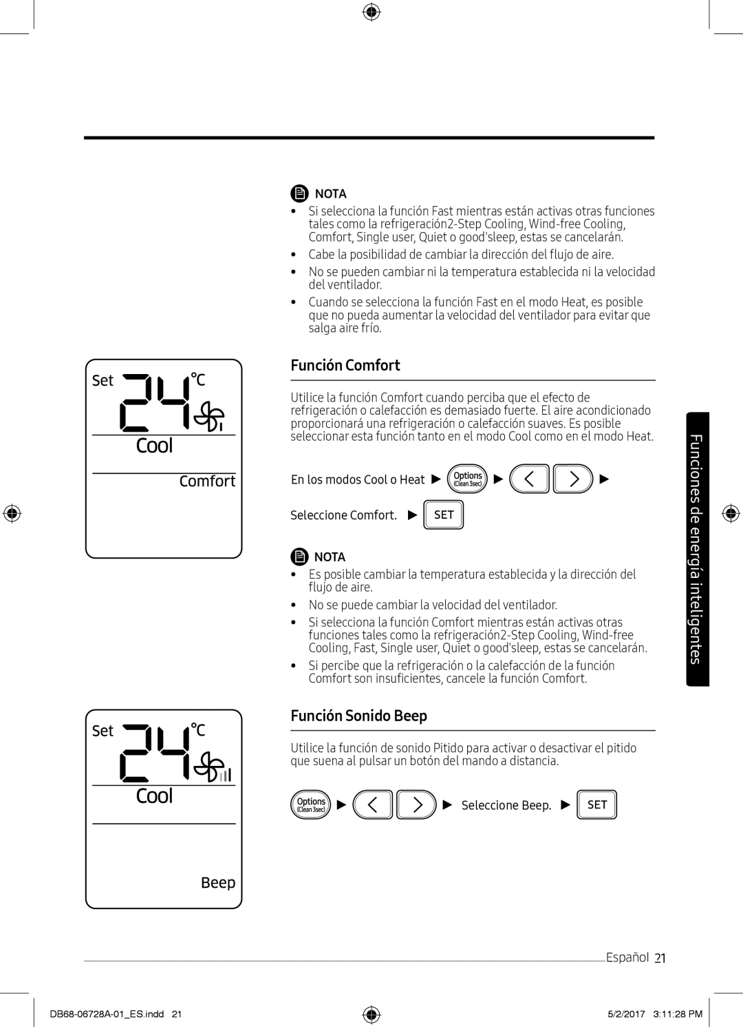 Samsung AR12MSPXBWKNEU, AR12MSPXBWKXEU Función Comfort, Función Sonido Beep, En los modos Cool o Heat Seleccione Comfort 