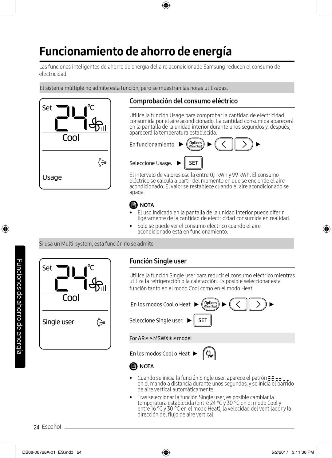 Samsung AR12MSPXBWKXEU manual Funcionamiento de ahorro de energía, Comprobación del consumo eléctrico, Función Single user 