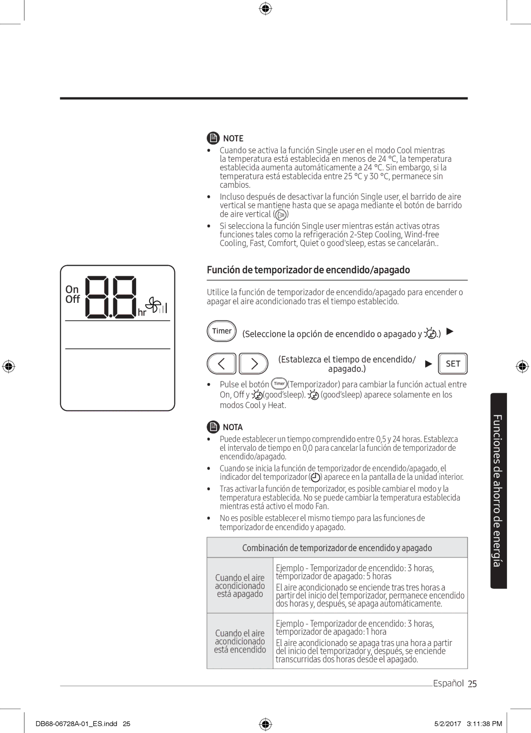 Samsung AR09MSPXBWKXEU Seleccione la opción de encendido o apagado y, Combinación de temporizador de encendido y apagado 