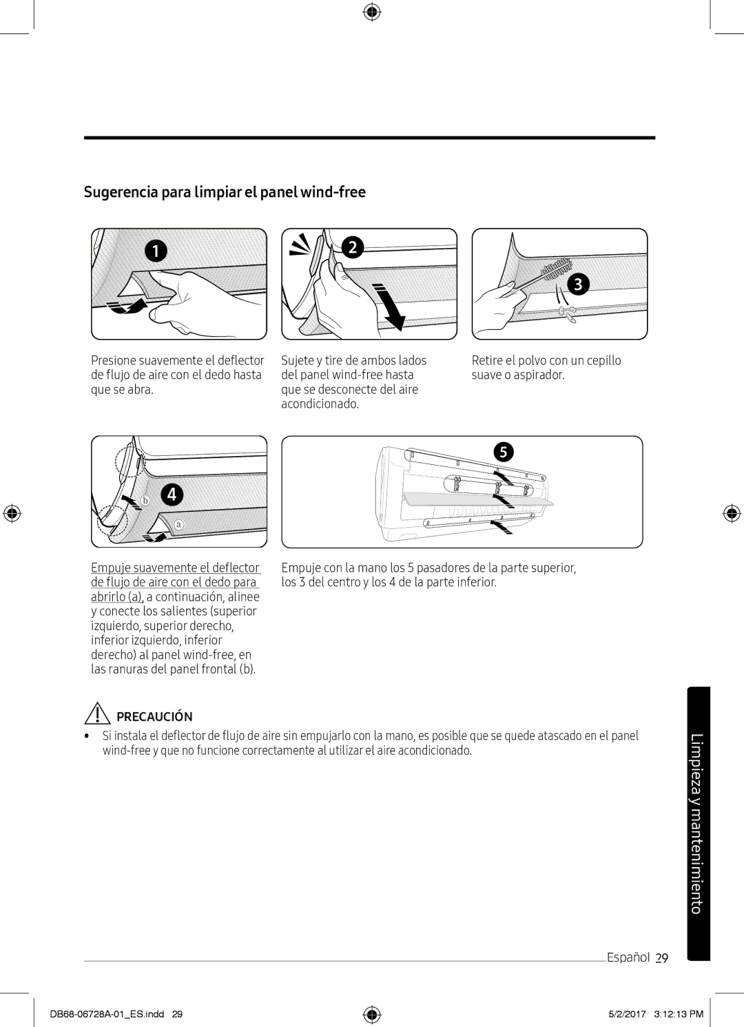 Samsung AR12MSPXBWKXEU, AR09MSPXBWKXEU manual Sugerencia para limpiar el panel wind-free, Sujete y tire de ambos lados 