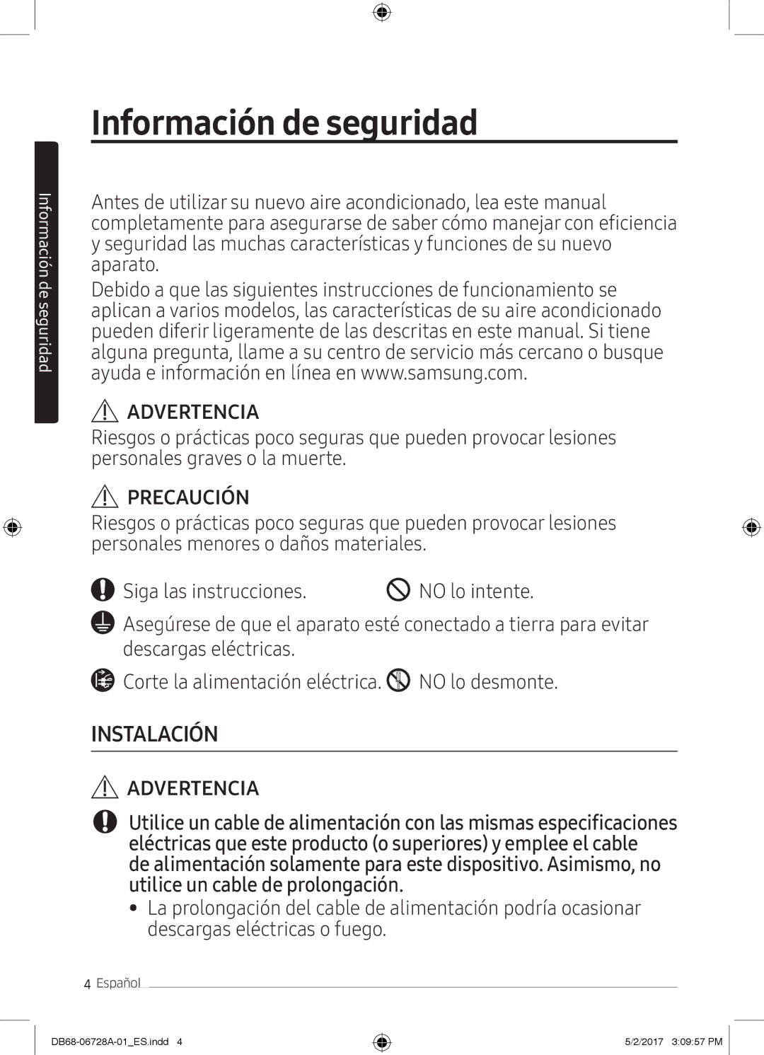 Samsung AR12MSPXBWKXEU, AR09MSPXBWKXEU, AR12MSPXBWKNEU, AR09MSPXBWKNEU, AR07MSPXBWKNEU manual Información de seguridad 