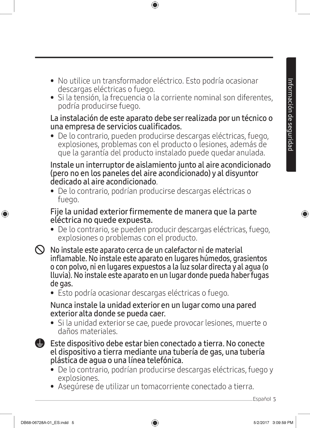 Samsung AR09MSPXBWKXEU, AR12MSPXBWKXEU, AR12MSPXBWKNEU, AR09MSPXBWKNEU Esto podría ocasionar descargas eléctricas o fuego 