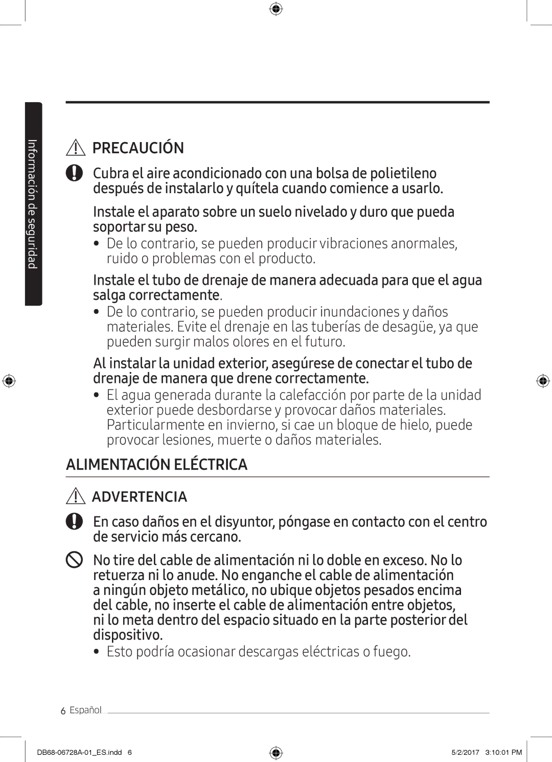 Samsung AR12MSPXBWKNEU, AR12MSPXBWKXEU, AR09MSPXBWKXEU, AR09MSPXBWKNEU, AR07MSPXBWKNEU Alimentación Eléctrica Advertencia 