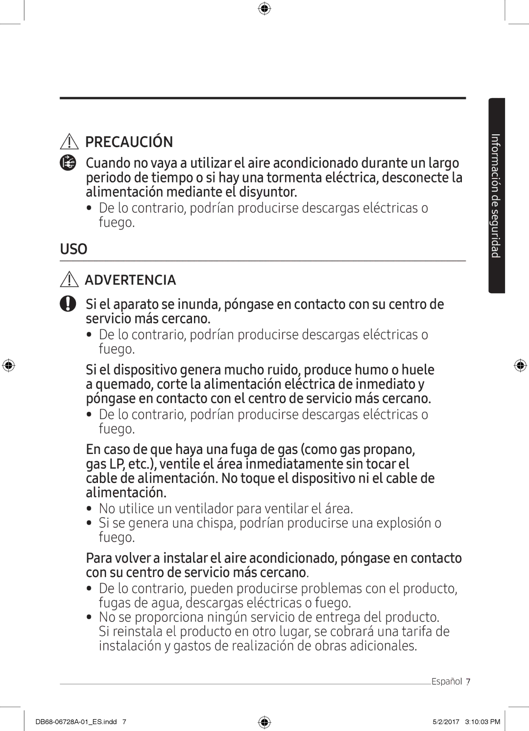 Samsung AR09MSPXBWKNEU, AR12MSPXBWKXEU, AR09MSPXBWKXEU, AR12MSPXBWKNEU, AR07MSPXBWKNEU manual USO Advertencia 