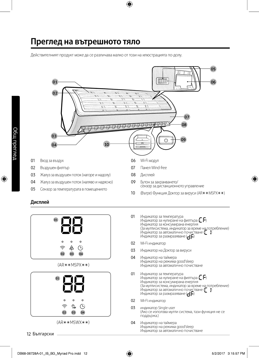 Samsung AR09MSWXBWKNEU, AR12MSPXBWKXEU, AR09MSPXBWKXEU, AR12MSPXBWKNEU, AR09MSPXBWKNEU Преглед на вътрешното тяло, Дисплей 