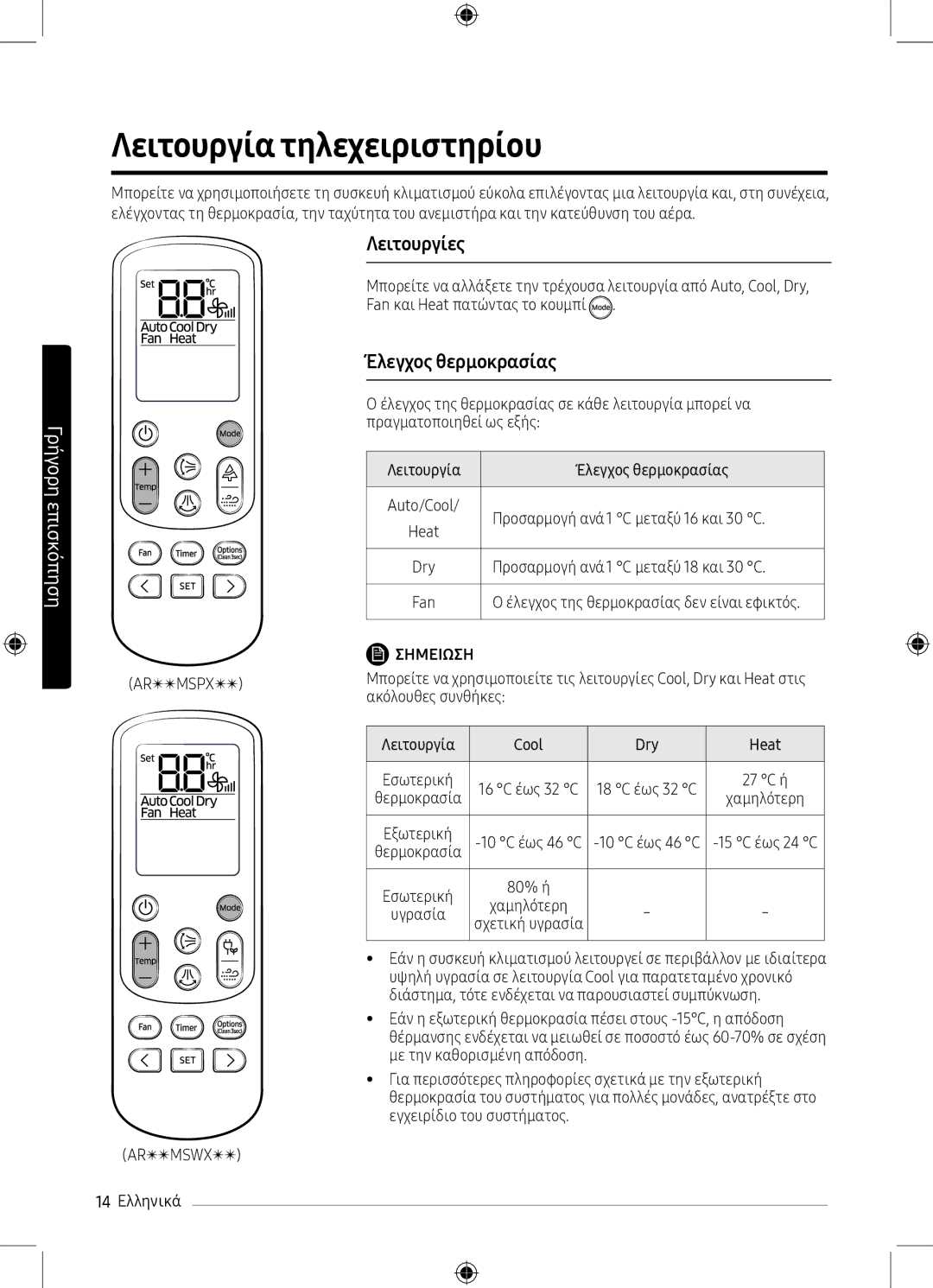 Samsung AR09MSPXBWKNEU, AR12MSPXBWKXEU, AR09MSPXBWKXEU manual Λειτουργία τηλεχειριστηρίου, Λειτουργίες, Έλεγχος θερμοκρασίας 