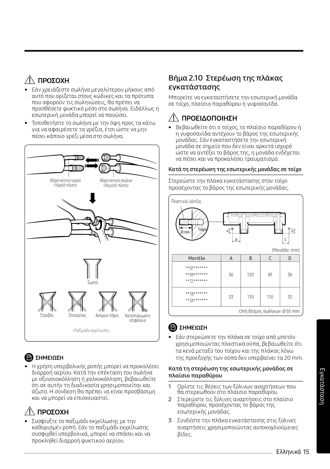 Samsung AR09MSPXBWKNEU, AR12MSPXBWKXEU, AR09MSPXBWKXEU, AR12MSPXBWKNEU manual Βήμα 2.10 Στερέωση της πλάκας εγκατάστασης, 110 