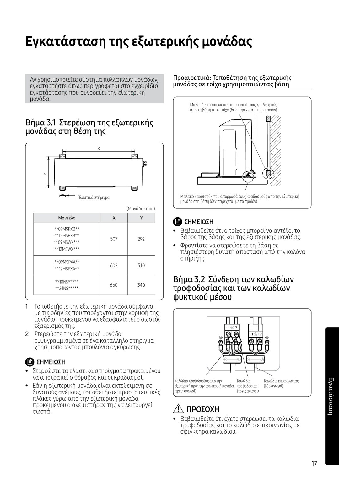 Samsung AR09MSPXBWKXEU manual Εγκατάσταση της εξωτερικής μονάδας, Βήμα 3.1 Στερέωση της εξωτερικής μονάδας στη θέση της 