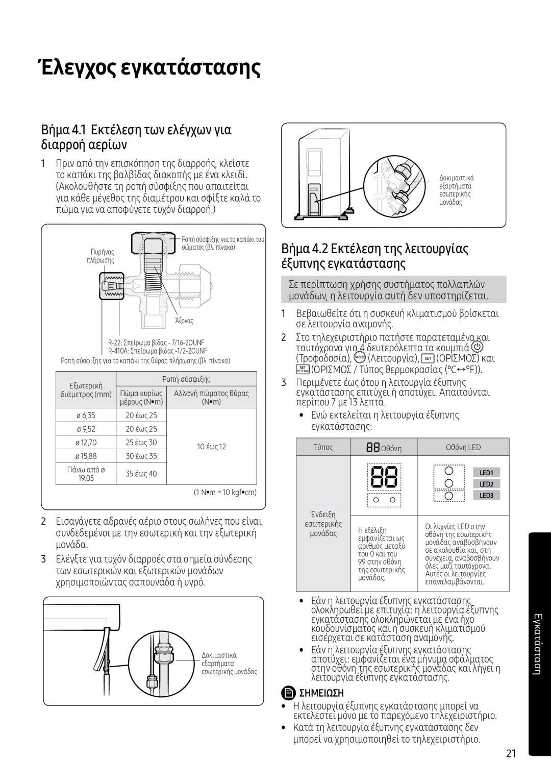 Samsung AR09MSPXBWKXEU, AR12MSPXBWKXEU manual Έλεγχος εγκατάστασης, Βήμα 4.1 Εκτέλεση των ελέγχων για διαρροή αερίων 