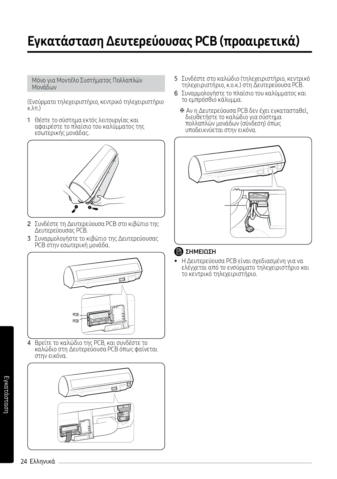 Samsung AR12MSPXBWKXEU, AR09MSPXBWKXEU, AR12MSPXBWKNEU manual Εγκατάσταση Δευτερεύουσας PCB προαιρετικά, 24 Ελληνικά 