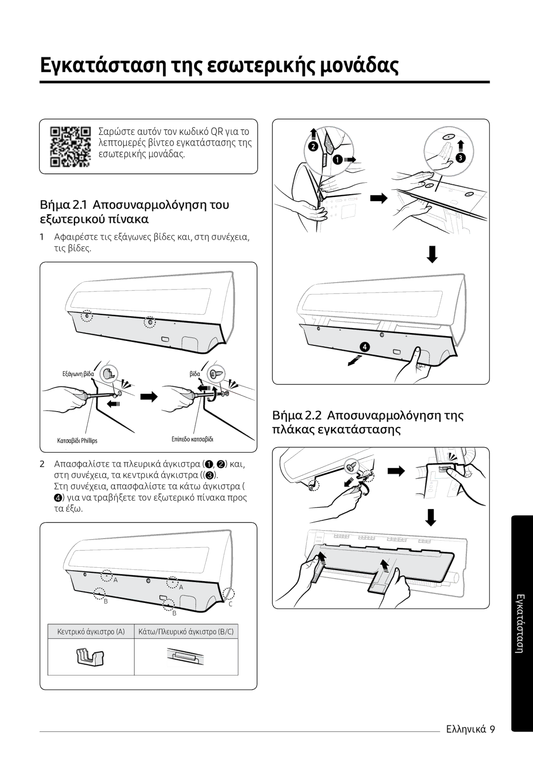 Samsung AR09MSPXBWKXEU, AR12MSPXBWKXEU Εγκατάσταση της εσωτερικής μονάδας, Βήμα 2.1 Αποσυναρμολόγηση του εξωτερικού πίνακα 