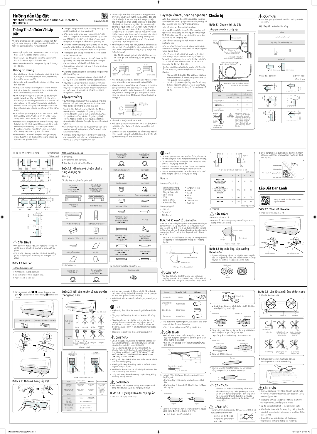 Samsung AR24MSFNJWKNSV, AR12MVFSCURNSV manual Bước 2.1 Tháo rời tấm che, Bước 1.4 Khoan 1 lỗ trên tường, Thoát nước 