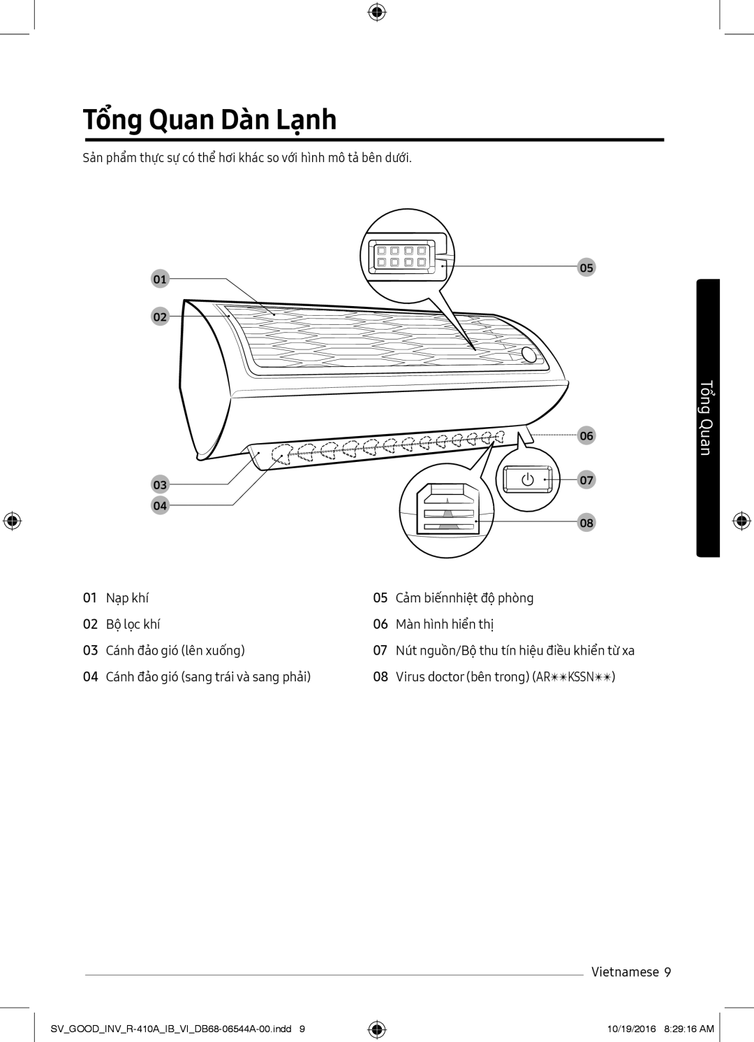 Samsung AR24MVFSLWKXSV, AR12MVFSCURNSV Tổng Quan Dàn Lạnh, Sản phẩm thực sự có thể hơi khác so với hình mô tả bên dưới 