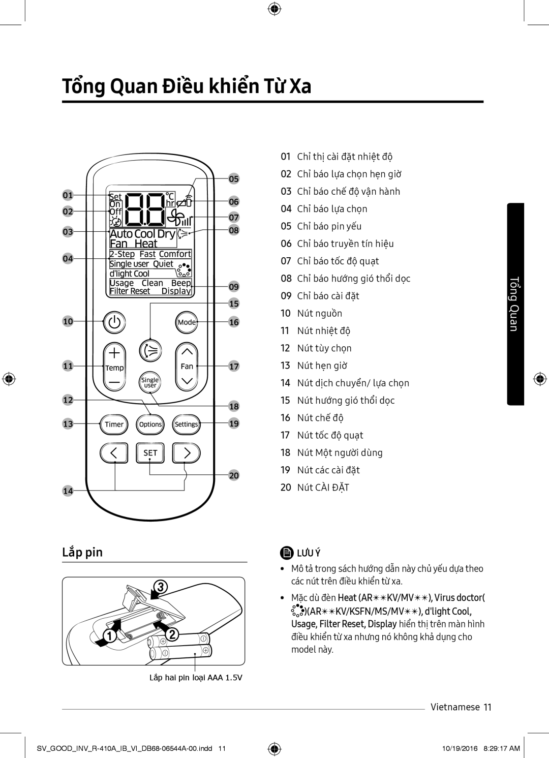 Samsung AR24MSFNJWKNSV, AR12MVFSCURNSV, AR09MSFNJWKNSV, AR18MVFSBWKNSV manual Tổng Quan Điều khiển Từ Xa, Lắp pin, Lưu Ý 