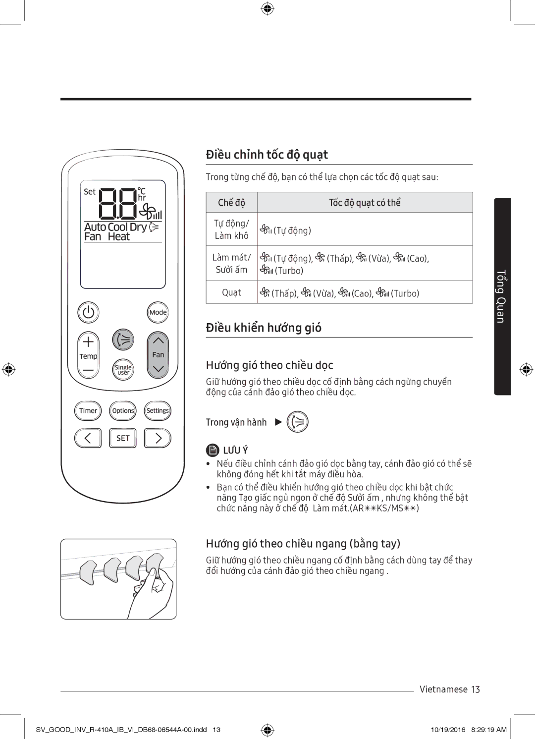 Samsung AR18MVFSBWKNSV, AR12MVFSCURNSV, AR24MSFNJWKNSV Điều chỉnh tốc độ quạt, Điều khiển hướng gió, Chế độ, Trong vận hành 