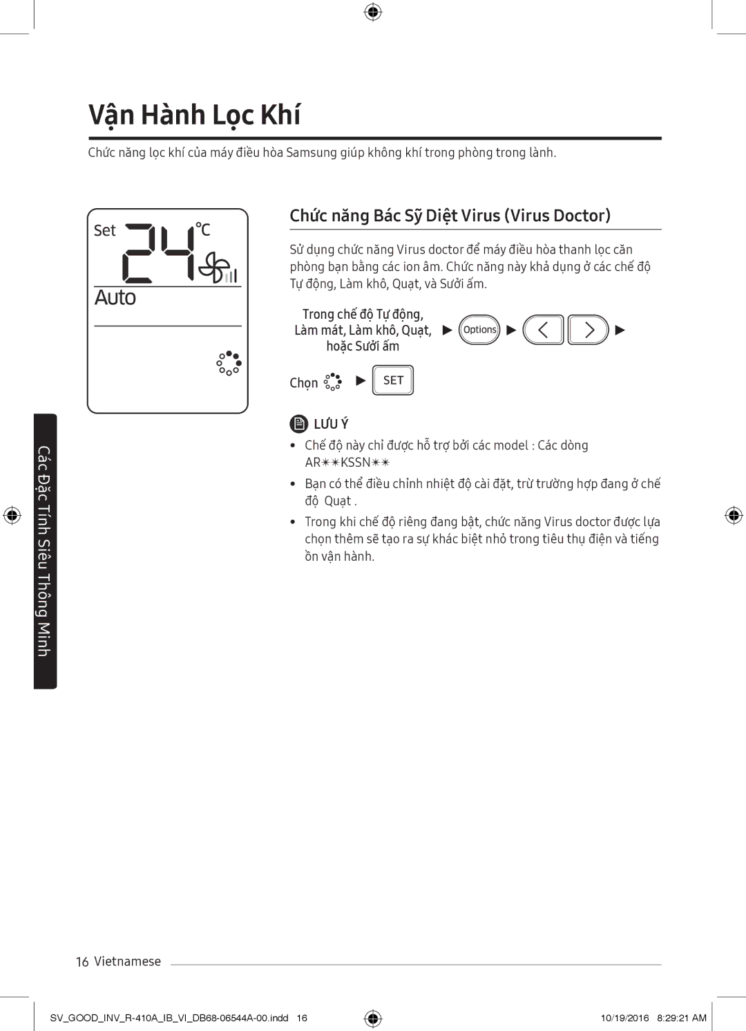 Samsung AR13MVFSBWKNSV, AR12MVFSCURNSV, AR24MSFNJWKNSV manual Vận Hành Lọc Khí, Chức năng Bác Sỹ Diệt Virus Virus Doctor 