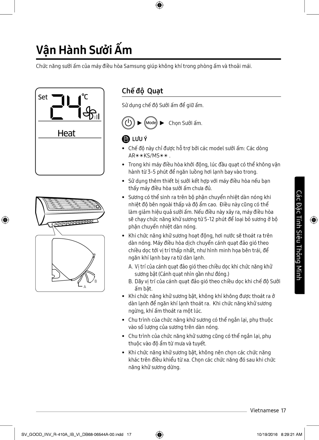 Samsung AR10MVFSCURNSV manual Vận Hành Sưởi Ấm, Chế độ Quạt, Sử dụng chế độ Sưởi ấm để giữ ấm Chọn Sưởi ấm, Ấm bật 