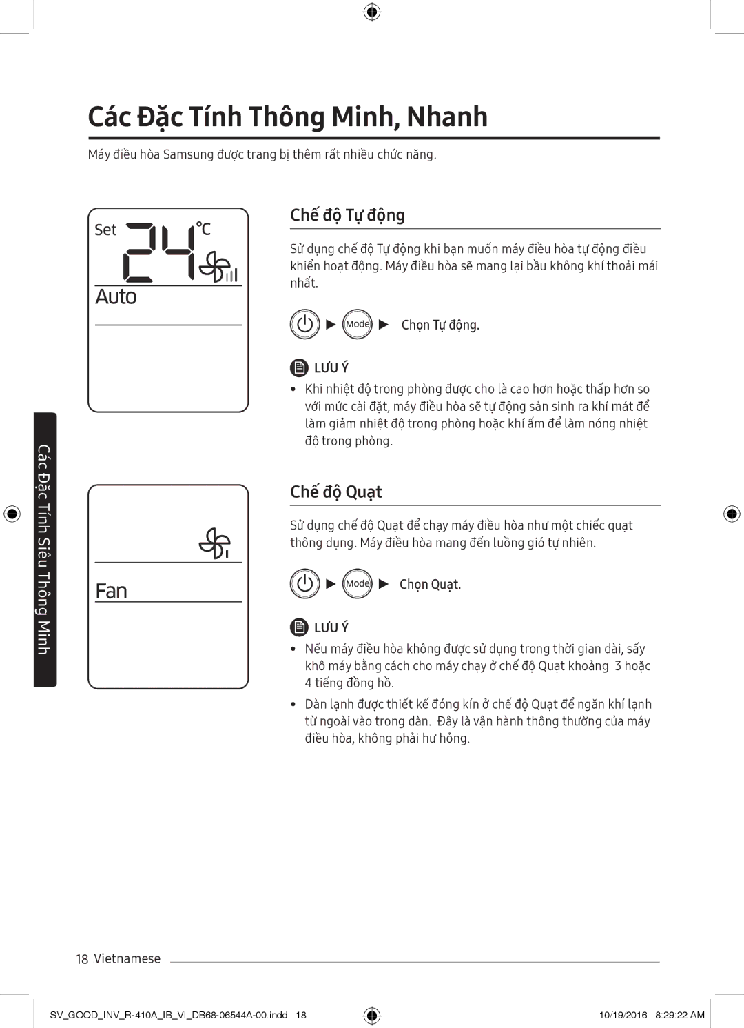 Samsung AR12MSFNJWKNSV, AR12MVFSCURNSV manual Các Đặc Tính Thông Minh, Nhanh, Chế độ Tự động, Chọn Tự động, Chọn Quạt 