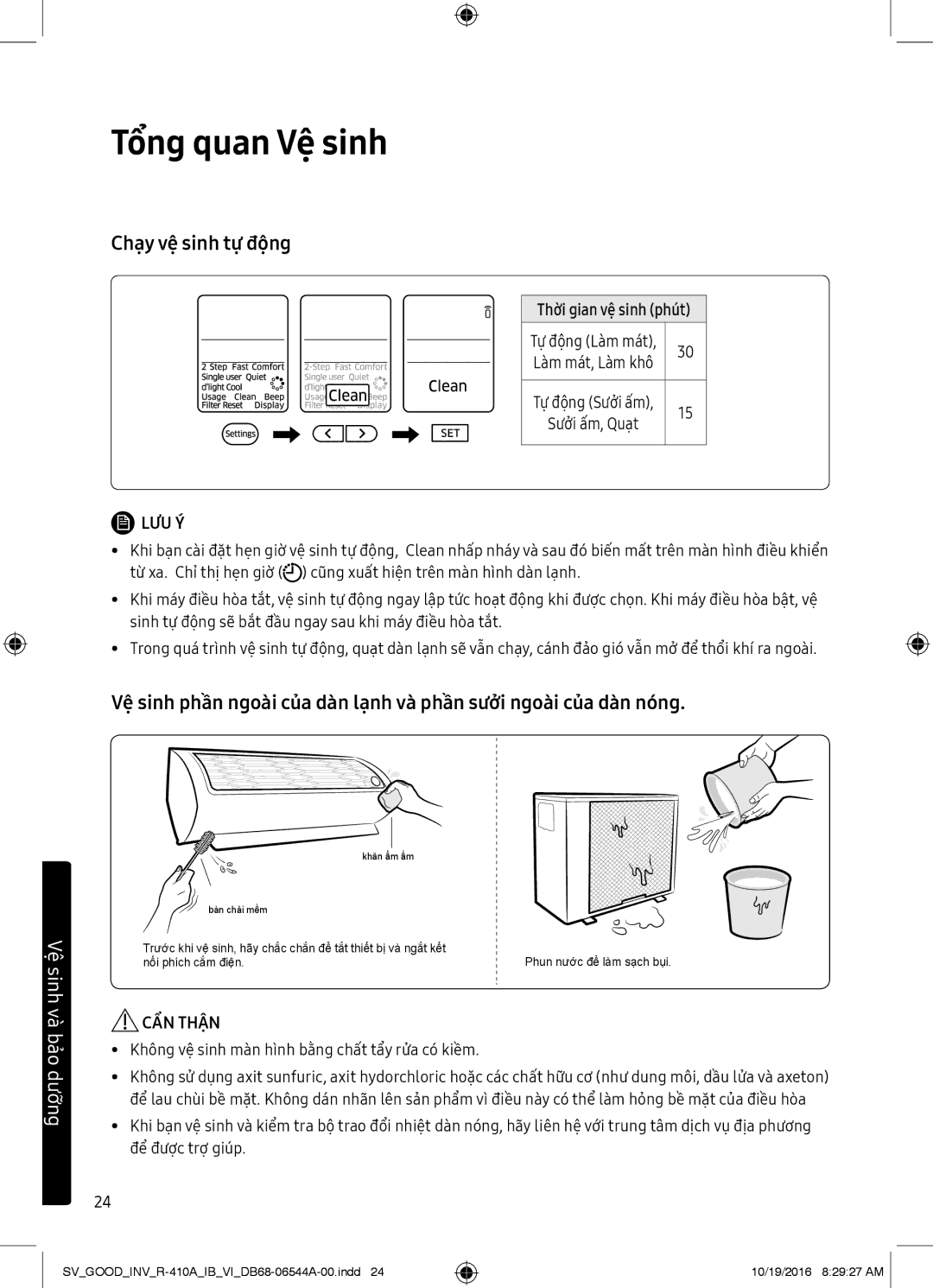 Samsung AR18MVFSBWKNSV manual Tổng quan Vệ sinh, Thời gian vệ sinh phút, Không vệ sinh màn hình bằng chất tẩy rửa có kiềm 