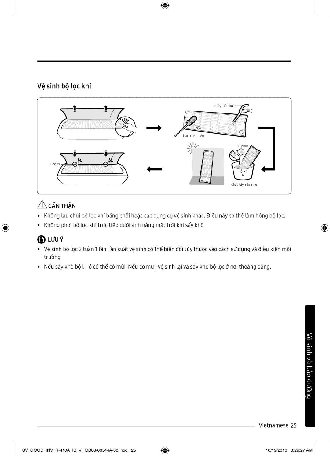 Samsung AR18MSFNJWKNSV, AR12MVFSCURNSV, AR24MSFNJWKNSV, AR09MSFNJWKNSV, AR18MVFSBWKNSV, AR10MVFSBWKNSV manual Vệ sinh bộ lọc khí 