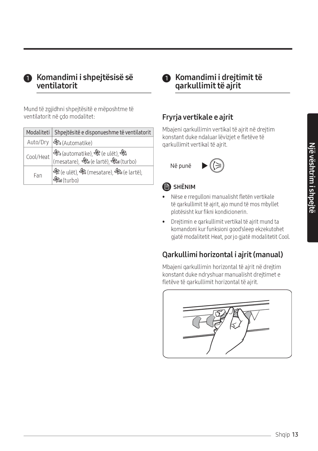 Samsung AR12NXFPEWQNEU manual Komandimi i shpejtësisë së ventilatorit, Komandimi i drejtimit të qarkullimit të ajrit 